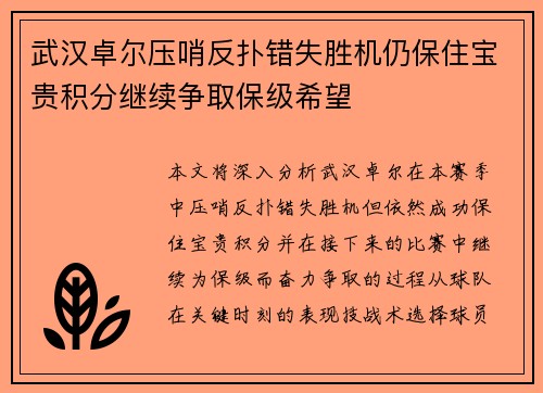 武汉卓尔压哨反扑错失胜机仍保住宝贵积分继续争取保级希望