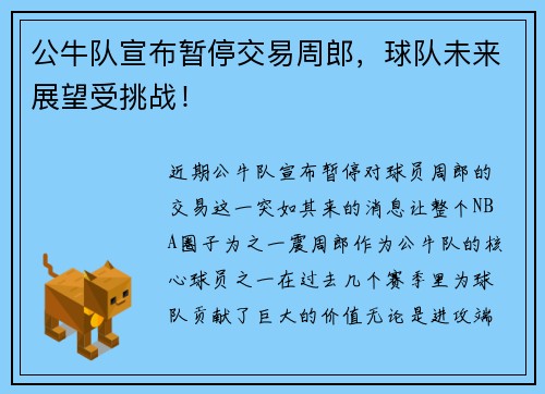 公牛队宣布暂停交易周郎，球队未来展望受挑战！