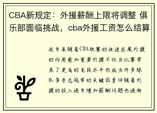 CBA新规定：外援薪酬上限将调整 俱乐部面临挑战，cba外援工资怎么结算