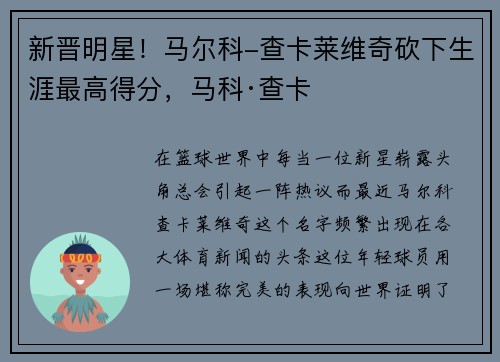 新晋明星！马尔科-查卡莱维奇砍下生涯最高得分，马科·查卡
