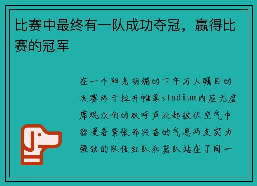 比赛中最终有一队成功夺冠，赢得比赛的冠军