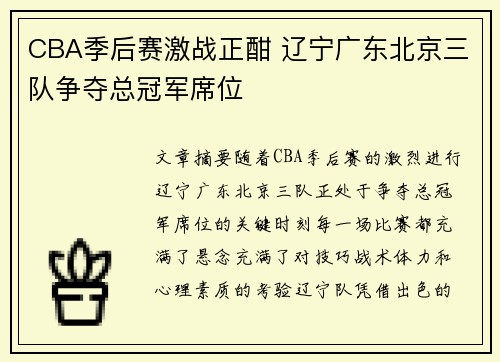 CBA季后赛激战正酣 辽宁广东北京三队争夺总冠军席位