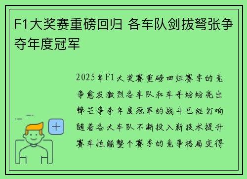 F1大奖赛重磅回归 各车队剑拔弩张争夺年度冠军