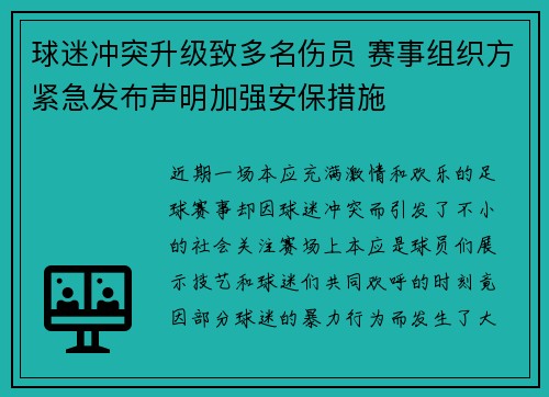 球迷冲突升级致多名伤员 赛事组织方紧急发布声明加强安保措施