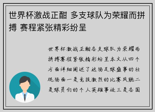 世界杯激战正酣 多支球队为荣耀而拼搏 赛程紧张精彩纷呈